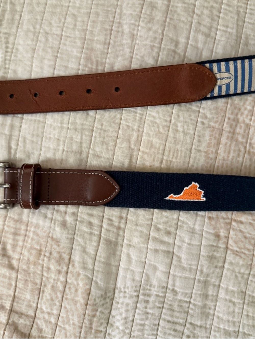 Men's Navy Embroidered Virginia Web Belt with Brown Leather - Picture 2 of 4